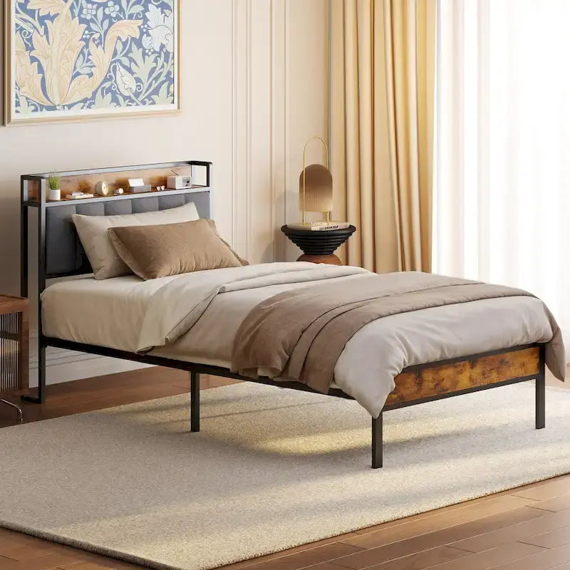 Twin/Full/Queen/King Platform Bed Frame, Metal Bed Frame with Storage Headboard