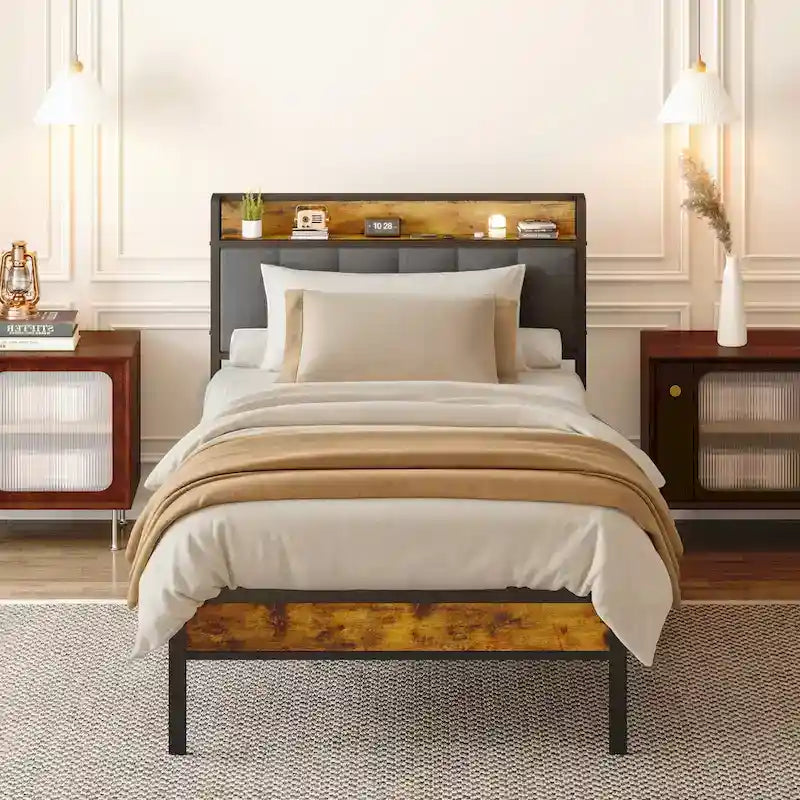 Twin/Full/Queen/King Platform Bed Frame, Metal Bed Frame with Storage Headboard