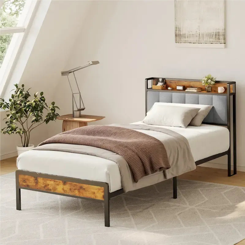 Twin/Full/Queen/King Platform Bed Frame, Metal Bed Frame with Storage Headboard
