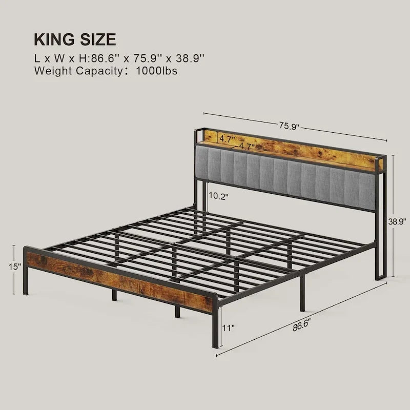 Twin/Full/Queen/King Platform Bed Frame, Metal Bed Frame with Storage Headboard