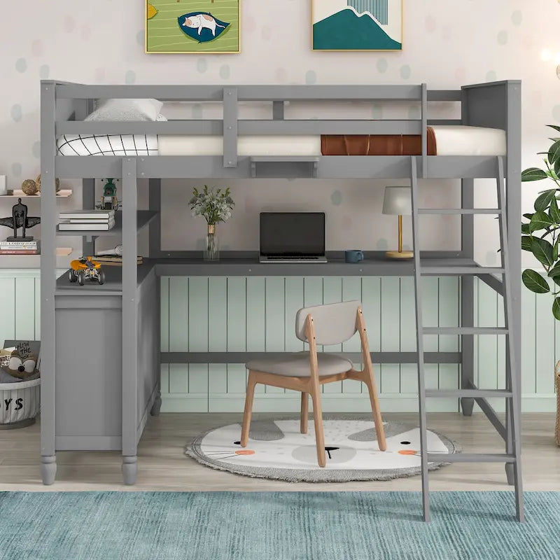 Full Size Loft Bed with Drawers and Desk, Wooden Loft Bed with Shelves - White