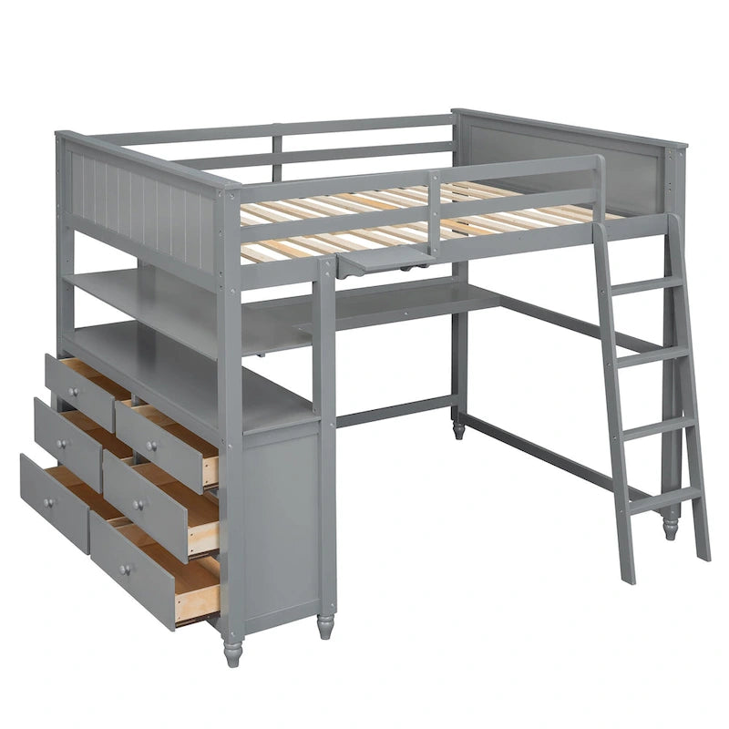Full Size Loft Bed with Drawers and Desk, Wooden Loft Bed with Shelves - White