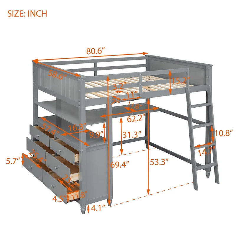 Full Size Loft Bed with Drawers and Desk, Wooden Loft Bed with Shelves - White