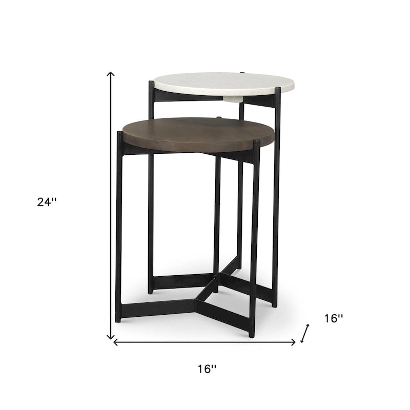 HomeRoots Set of Two Brown White and Black Marble Solid Wood and Metal Round Nested Tables - 16' X '24' X '16