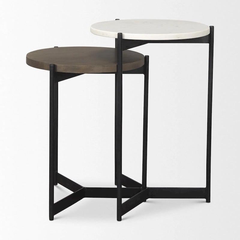 HomeRoots Set of Two Brown White and Black Marble Solid Wood and Metal Round Nested Tables - 16' X '24' X '16