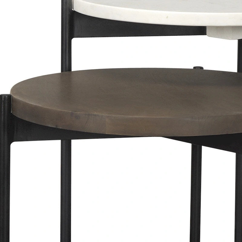 HomeRoots Set of Two Brown White and Black Marble Solid Wood and Metal Round Nested Tables - 16' X '24' X '16