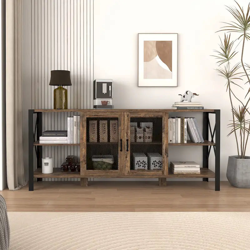 Industrial Farmhouse TV Stand with 4 Storage Shelf and 2 Storage Cabinets for Living Rooms and Kitchens