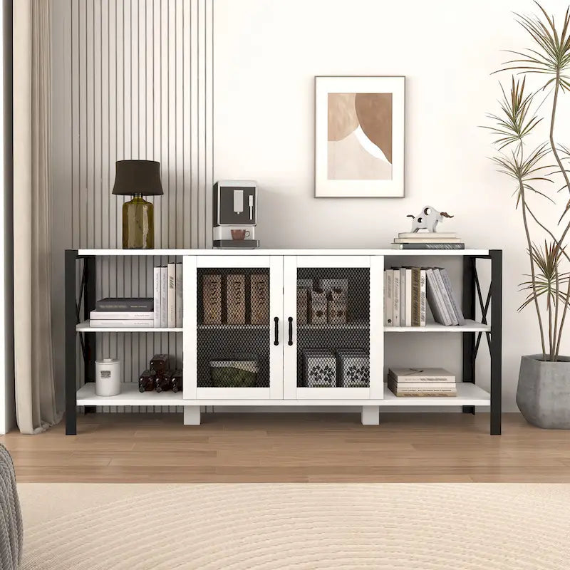 Industrial Farmhouse TV Stand with 4 Storage Shelf and 2 Storage Cabinets for Living Rooms and Kitchens