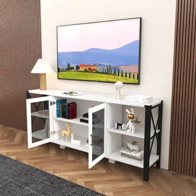 Industrial Farmhouse TV Stand with 4 Storage Shelf and 2 Storage Cabinets for Living Rooms and Kitchens