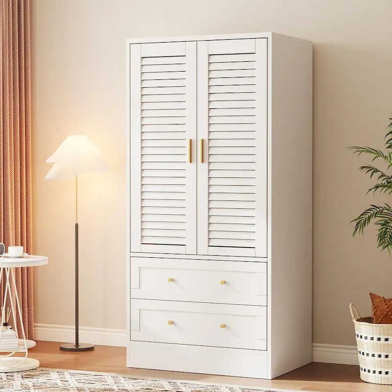 Wardrobe Armoire Closet with 2 Shutter Doors, White Wardrobe with Hanging Rods and 2 Drawers, Modern Bedroom Armoire