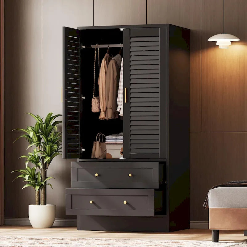 Wardrobe Armoire Closet with 2 Shutter Doors, White Wardrobe with Hanging Rods and 2 Drawers, Modern Bedroom Armoire