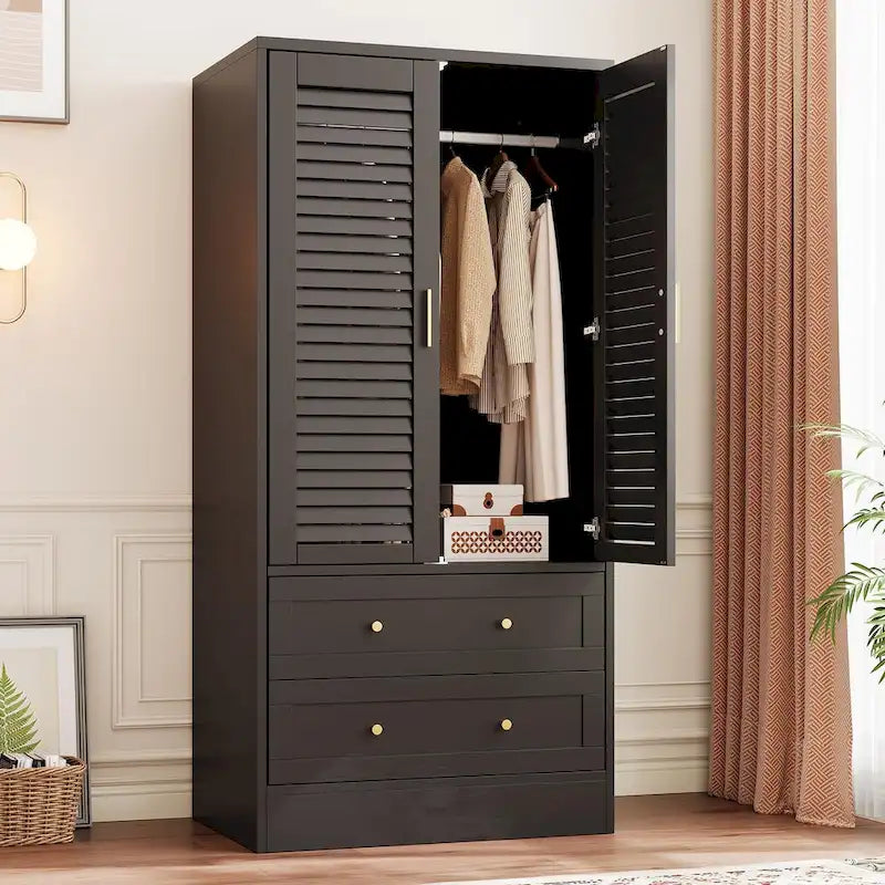 Wardrobe Armoire Closet with 2 Shutter Doors, White Wardrobe with Hanging Rods and 2 Drawers, Modern Bedroom Armoire