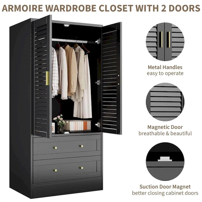 Wardrobe Armoire Closet with 2 Shutter Doors, White Wardrobe with Hanging Rods and 2 Drawers, Modern Bedroom Armoire