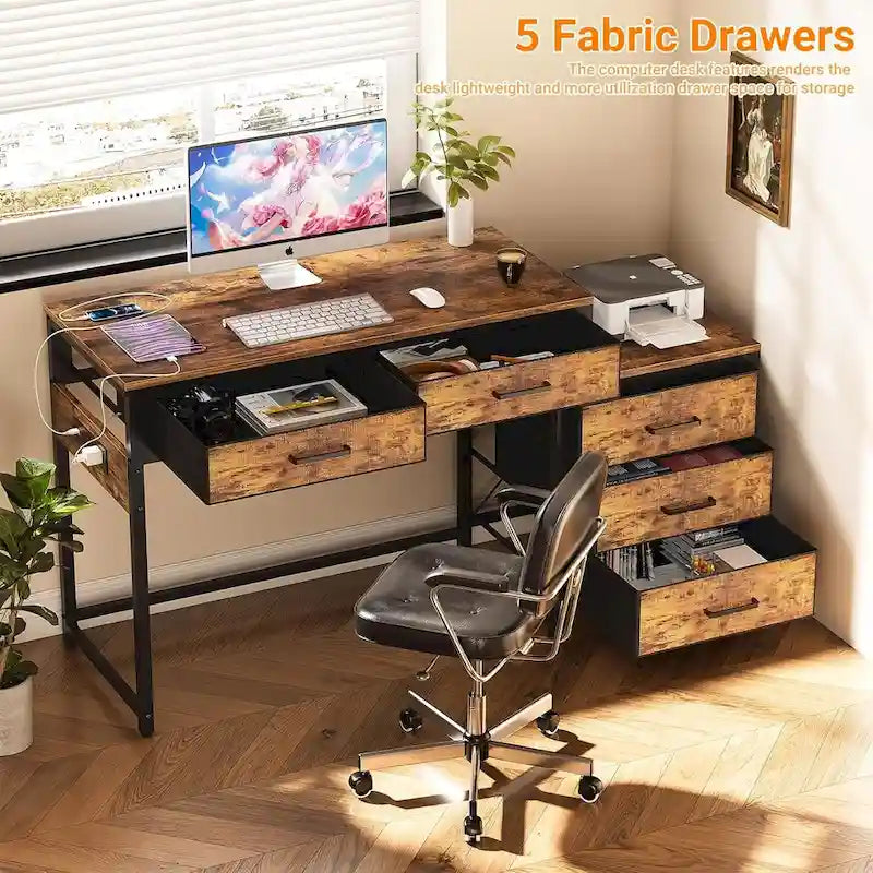 55 Computer Desk with 5 Fabric Drawers,Home Office Desk with Power Outlets  Printer Stand