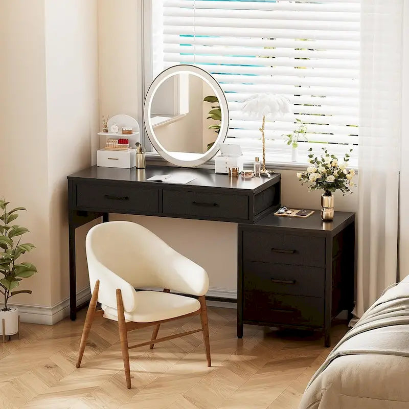 55 Computer Desk with 5 Fabric Drawers,Home Office Desk with Power Outlets  Printer Stand