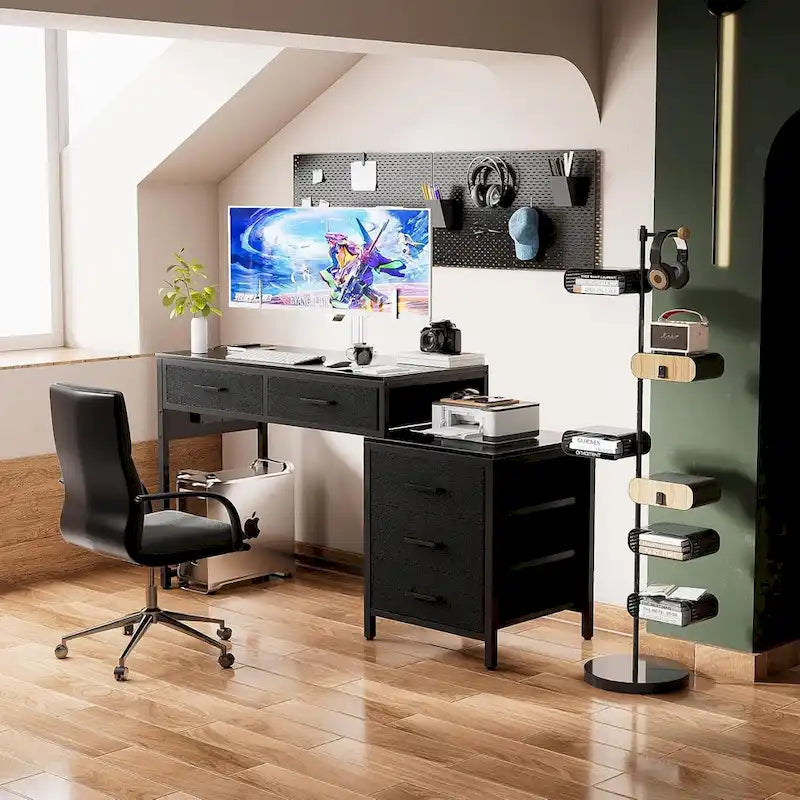 55 Computer Desk with 5 Fabric Drawers,Home Office Desk with Power Outlets  Printer Stand