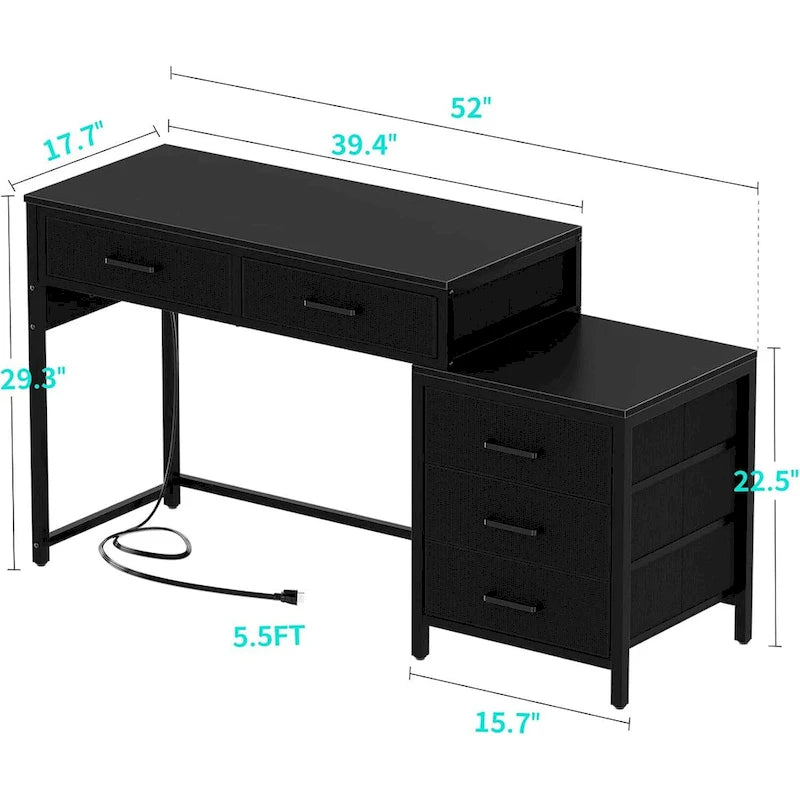 55 Computer Desk with 5 Fabric Drawers,Home Office Desk with Power Outlets  Printer Stand