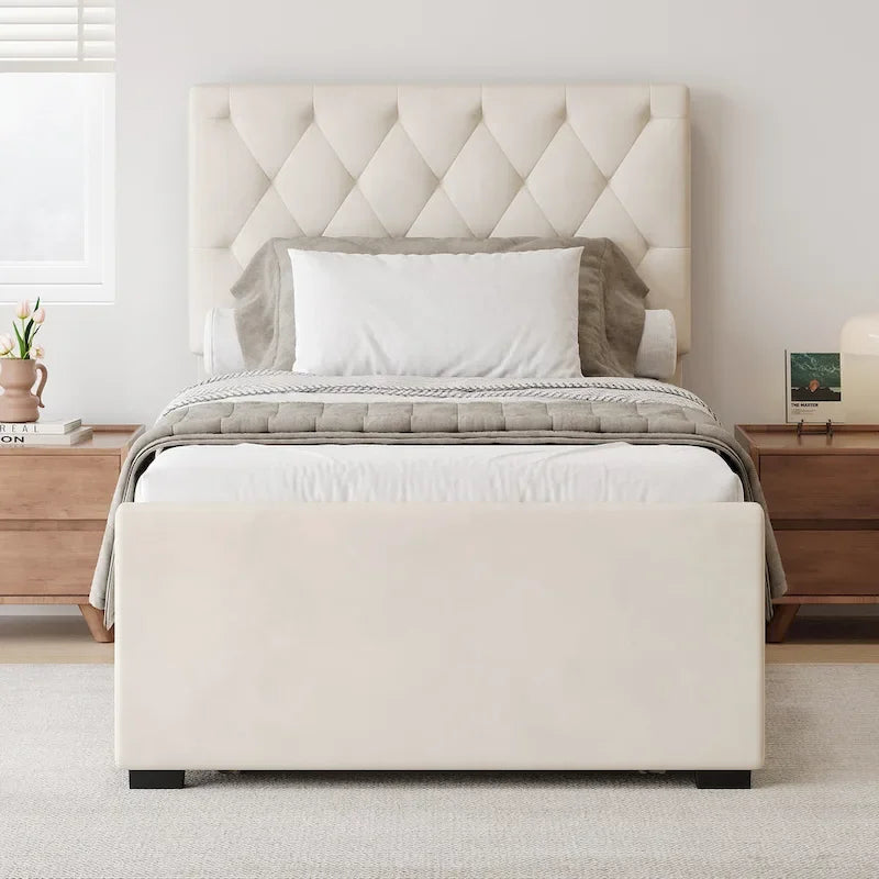 Twin Size Upholstered Platform Bed with Trundle and Adjustable Headboard Wingback Bed No Box Spring Needed Wood Slat Support Bed