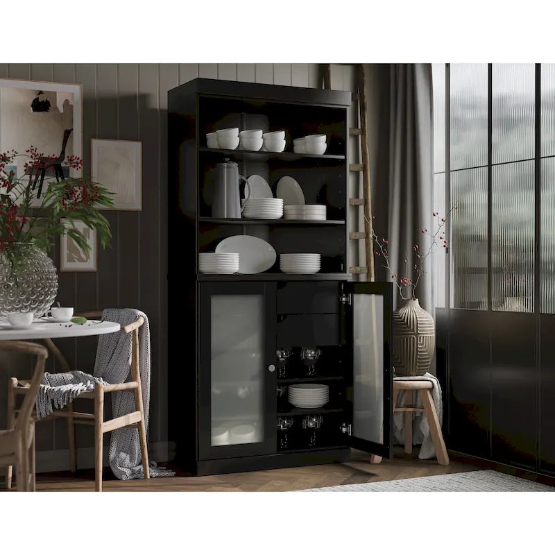 Garde-manger en bois massif avec portes en verre dépoli, 2 tiroirs et étagères réglables - 32 x 71.5