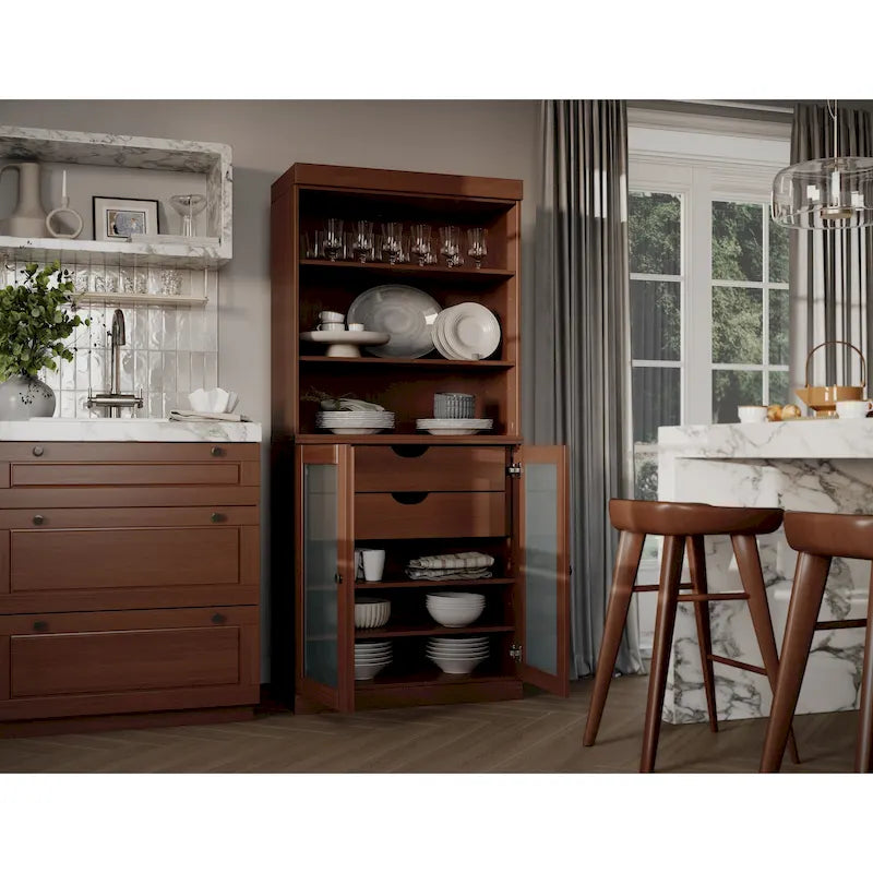 Garde-manger en bois massif avec portes en verre dépoli, 2 tiroirs et étagères réglables - 32 x 71.5