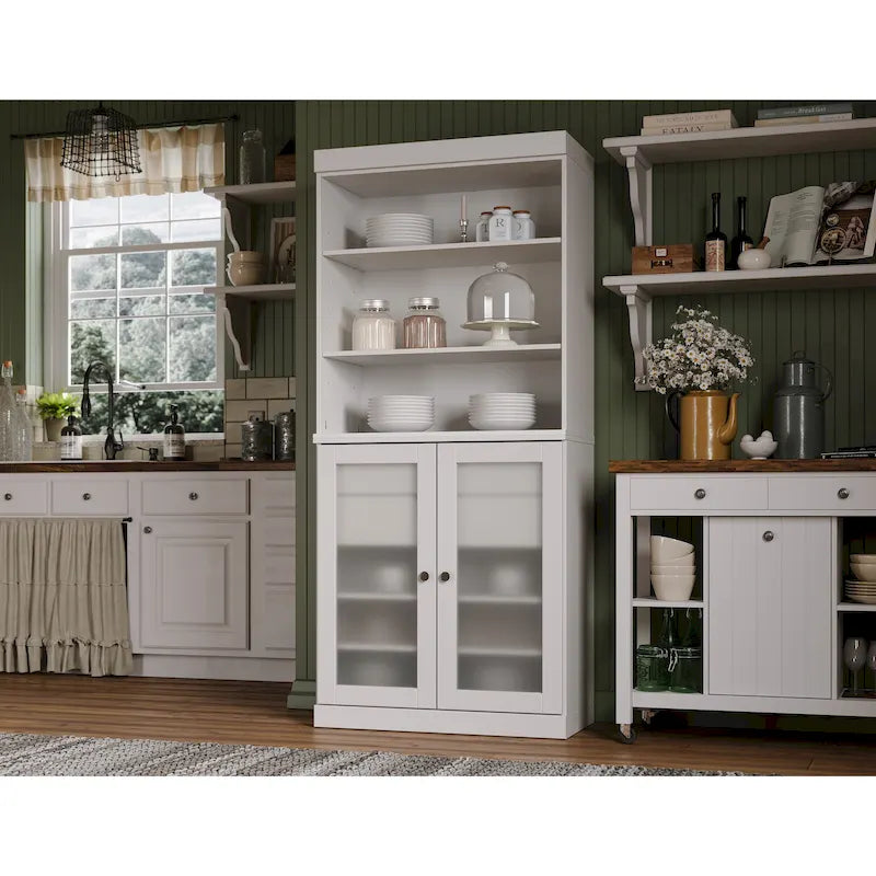 Garde-manger en bois massif avec portes en verre dépoli, 2 tiroirs et étagères réglables - 32 x 71.5