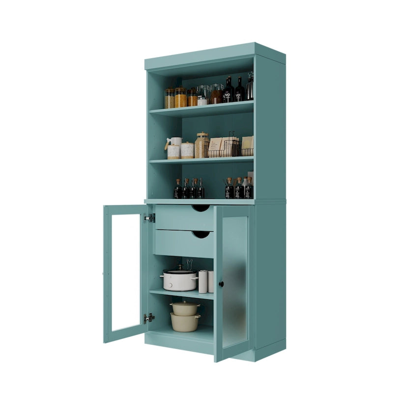 Garde-manger en bois massif avec portes en verre dépoli, 2 tiroirs et étagères réglables - 32 x 71.5
