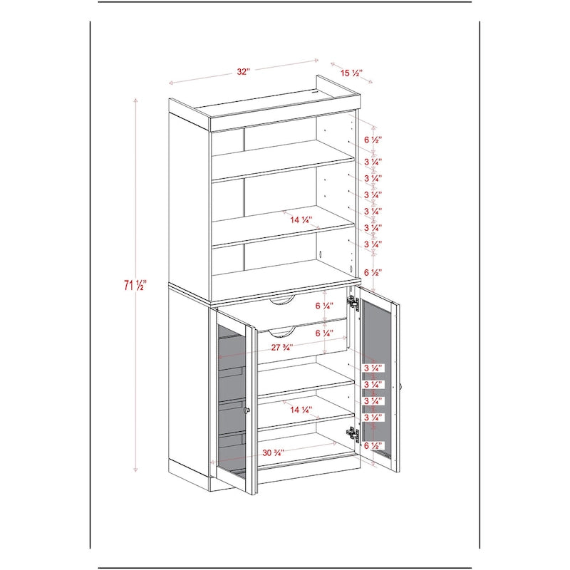 Garde-manger en bois massif avec portes en verre dépoli, 2 tiroirs et étagères réglables - 32 x 71.5