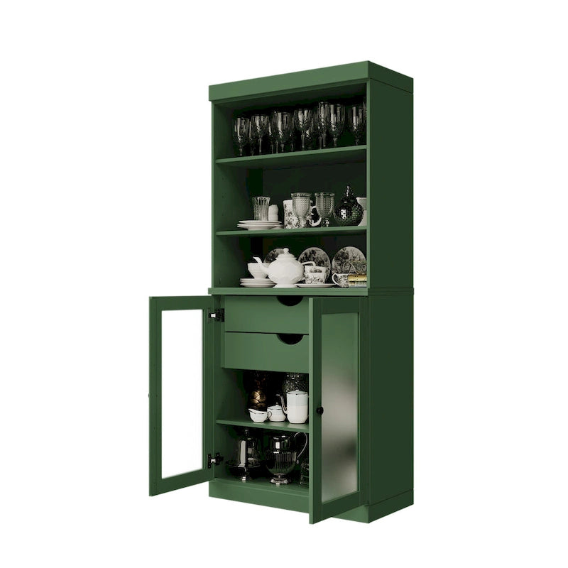 Garde-manger en bois massif avec portes en verre dépoli, 2 tiroirs et étagères réglables - 32 x 71.5