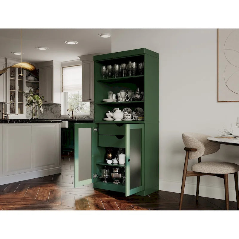 Garde-manger en bois massif avec portes en verre dépoli, 2 tiroirs et étagères réglables - 32 x 71.5