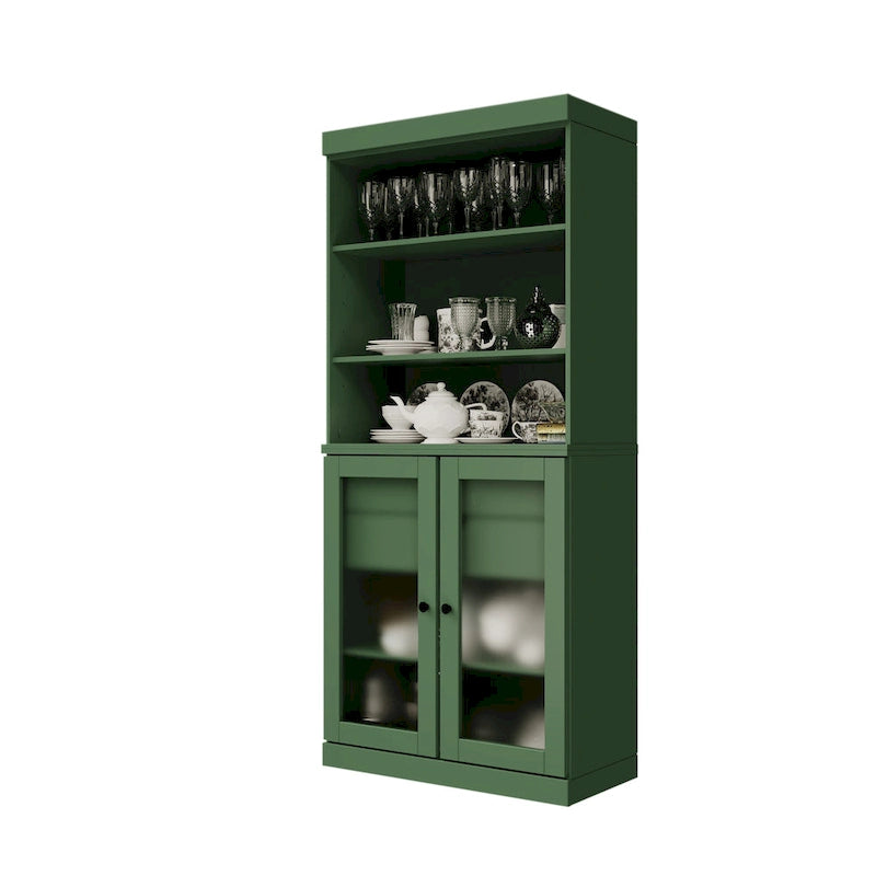 Garde-manger en bois massif avec portes en verre dépoli, 2 tiroirs et étagères réglables - 32 x 71.5