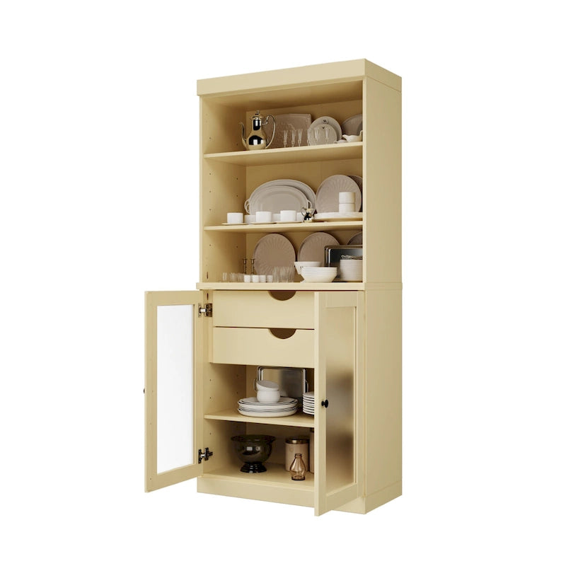 Garde-manger en bois massif avec portes en verre dépoli, 2 tiroirs et étagères réglables - 32 x 71.5