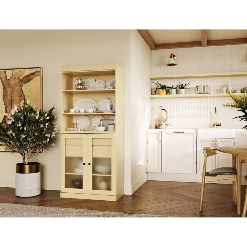 Garde-manger en bois massif avec portes en verre dépoli, 2 tiroirs et étagères réglables - 32 x 71.5