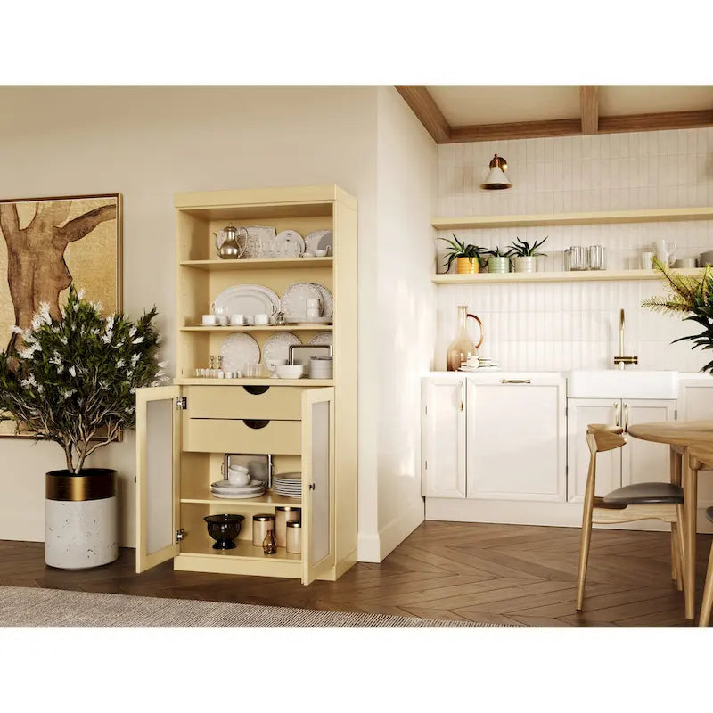 Garde-manger en bois massif avec portes en verre dépoli, 2 tiroirs et étagères réglables - 32 x 71.5