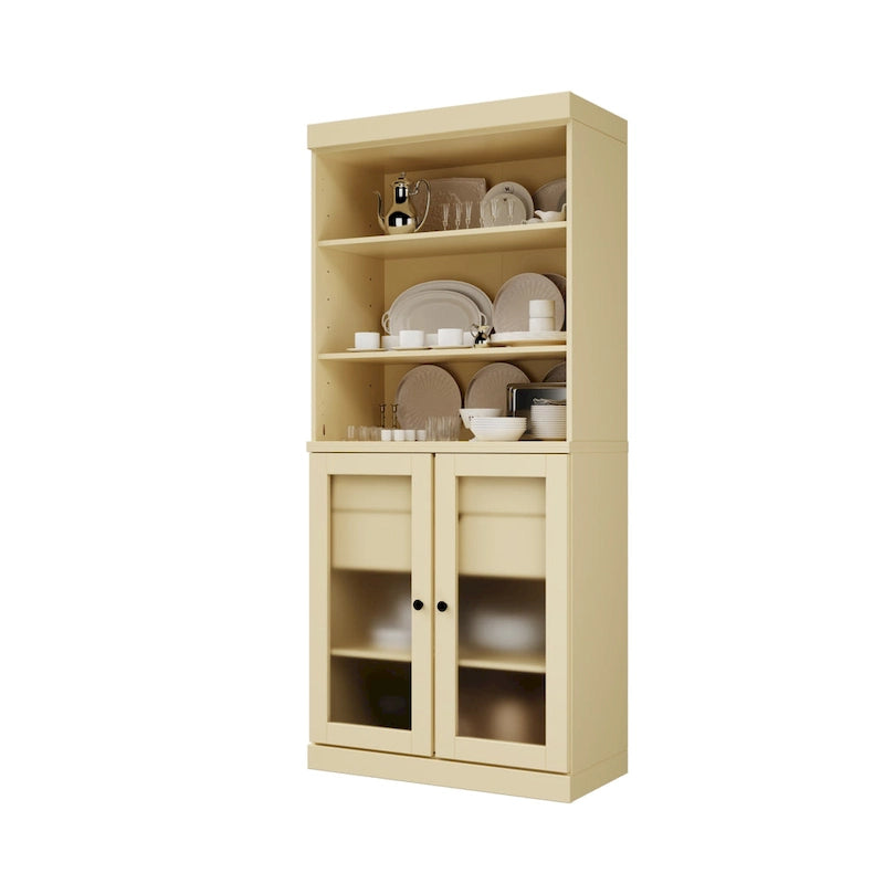 Garde-manger en bois massif avec portes en verre dépoli, 2 tiroirs et étagères réglables - 32 x 71.5
