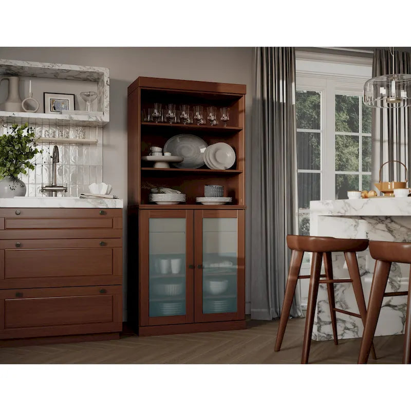 Garde-manger en bois massif avec portes en verre dépoli, 2 tiroirs et étagères réglables - 32 x 71.5