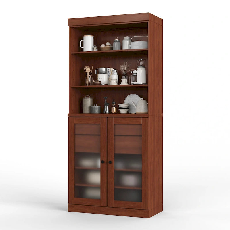 Garde-manger en bois massif avec portes en verre dépoli, 2 tiroirs et étagères réglables - 32 x 71.5