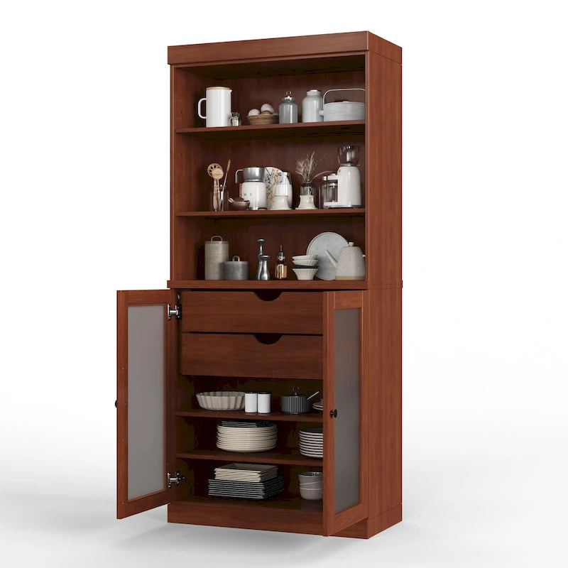 Garde-manger en bois massif avec portes en verre dépoli, 2 tiroirs et étagères réglables - 32 x 71.5