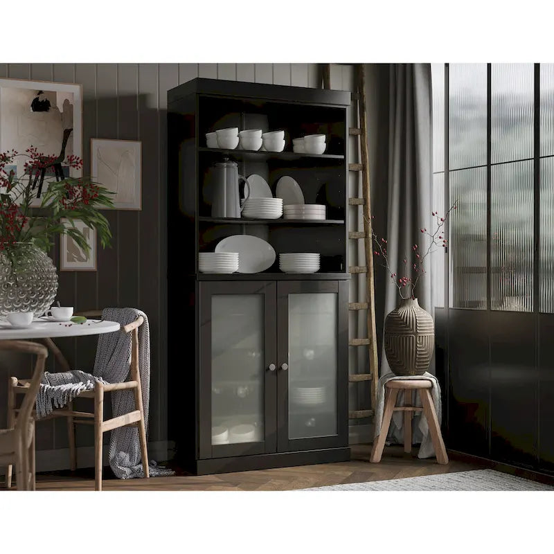 Garde-manger en bois massif avec portes en verre dépoli, 2 tiroirs et étagères réglables - 32 x 71.5