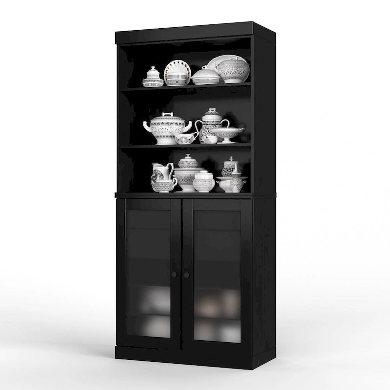 Garde-manger en bois massif avec portes en verre dépoli, 2 tiroirs et étagères réglables - 32 x 71.5