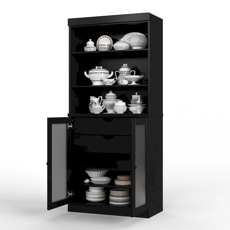 Garde-manger en bois massif avec portes en verre dépoli, 2 tiroirs et étagères réglables - 32 x 71.5