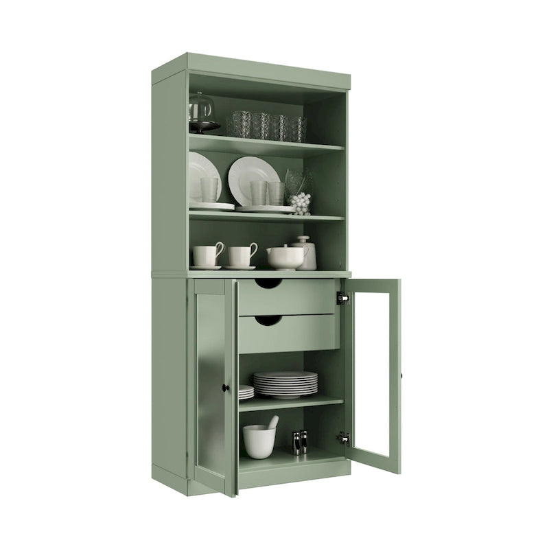 Garde-manger en bois massif avec portes en verre dépoli, 2 tiroirs et étagères réglables - 32 x 71.5