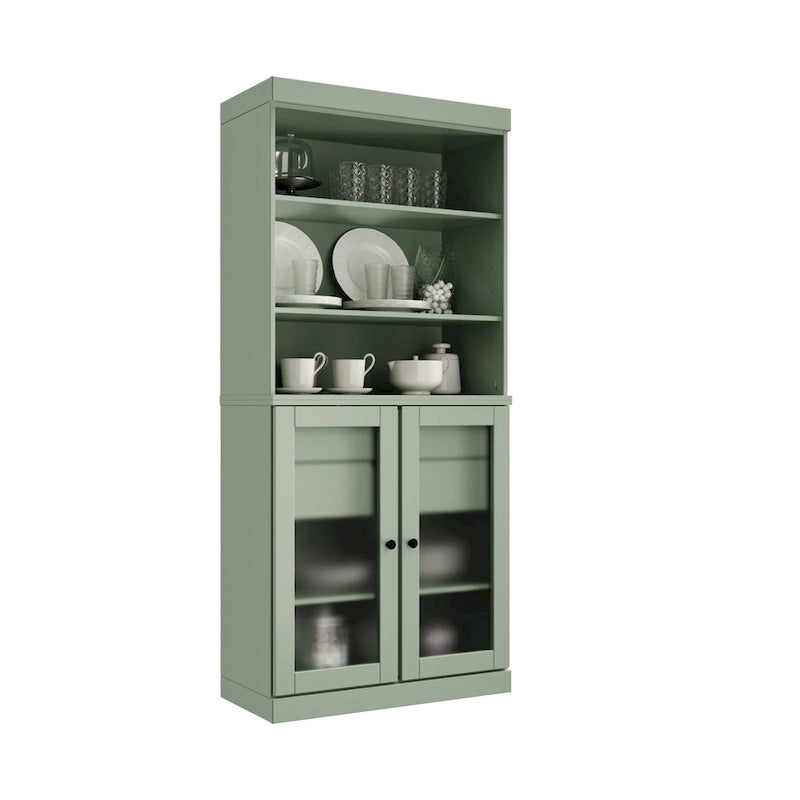 Garde-manger en bois massif avec portes en verre dépoli, 2 tiroirs et étagères réglables - 32 x 71.5