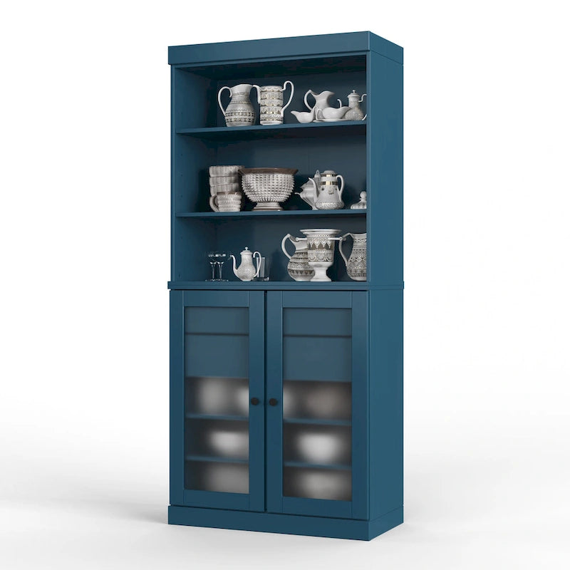 Garde-manger en bois massif avec portes en verre dépoli, 2 tiroirs et étagères réglables - 32 x 71.5