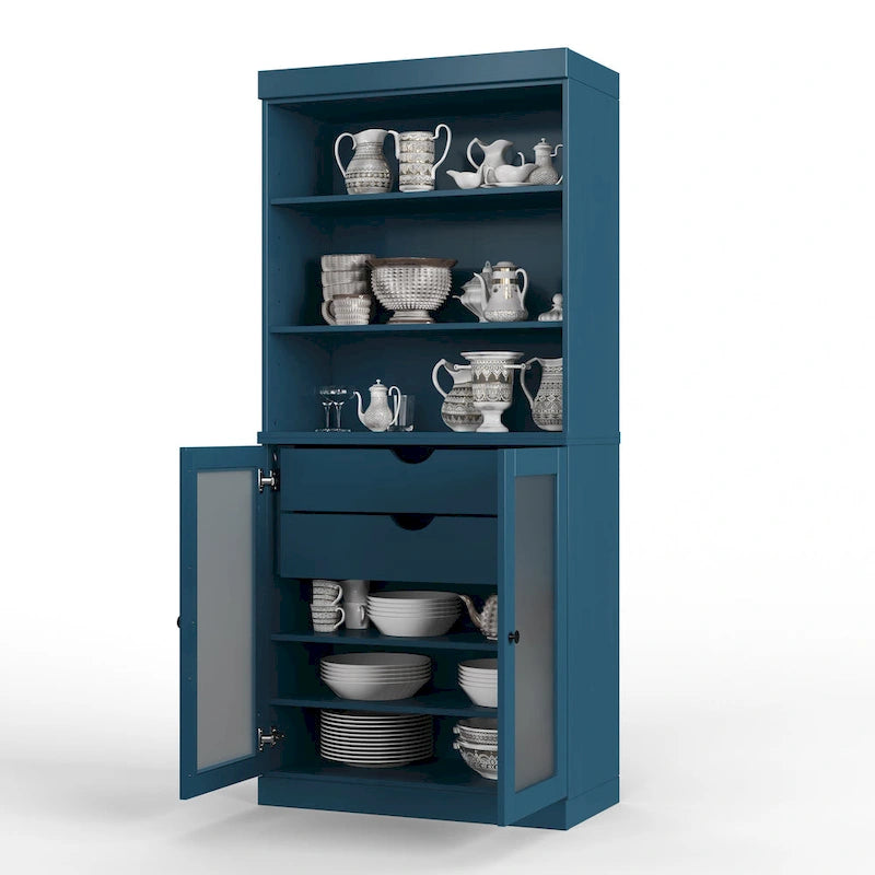 Garde-manger en bois massif avec portes en verre dépoli, 2 tiroirs et étagères réglables - 32 x 71.5