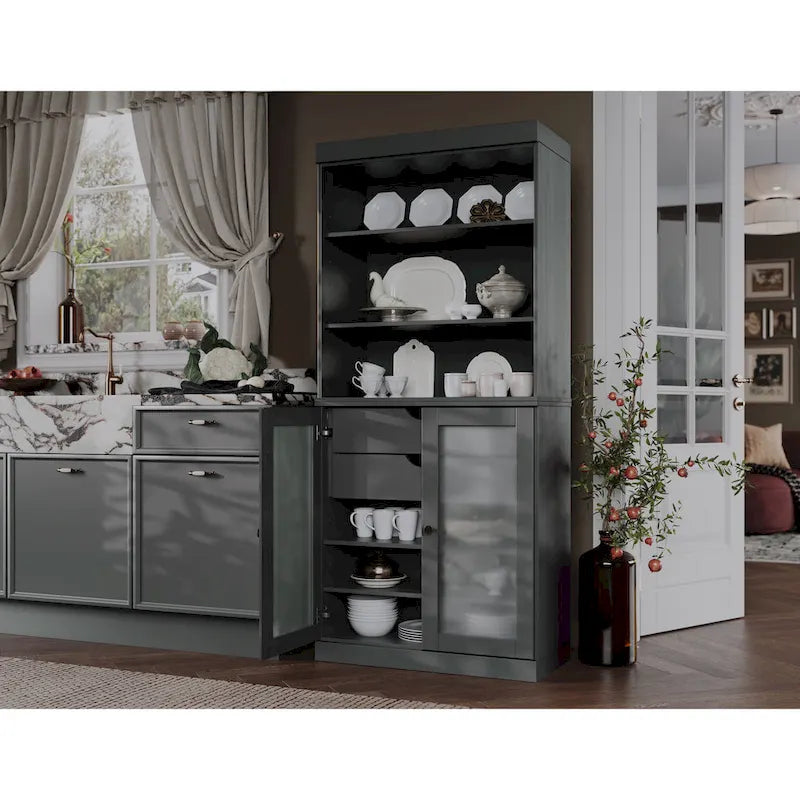 Garde-manger en bois massif avec portes en verre dépoli, 2 tiroirs et étagères réglables - 32 x 71.5