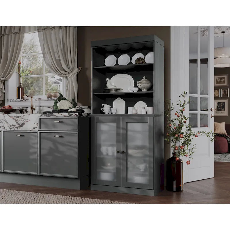 Garde-manger en bois massif avec portes en verre dépoli, 2 tiroirs et étagères réglables - 32 x 71.5