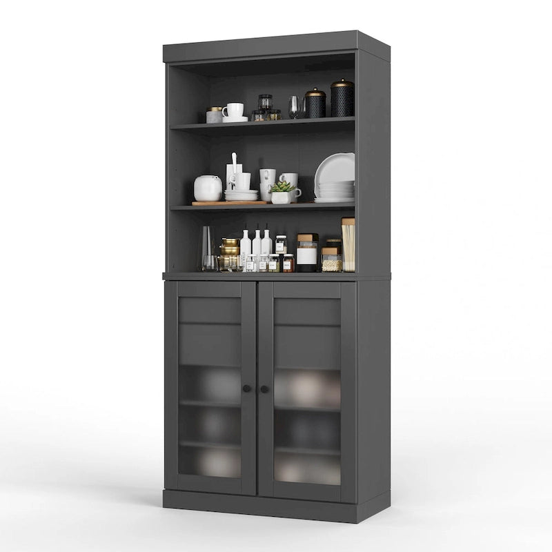 Garde-manger en bois massif avec portes en verre dépoli, 2 tiroirs et étagères réglables - 32 x 71.5