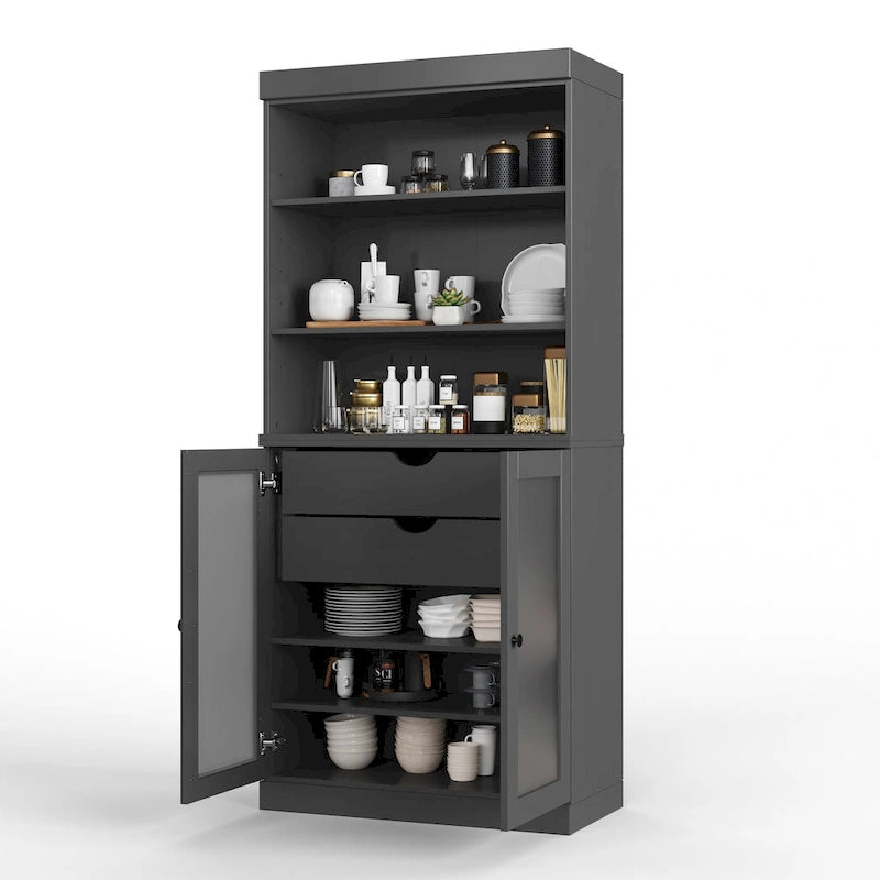 Garde-manger en bois massif avec portes en verre dépoli, 2 tiroirs et étagères réglables - 32 x 71.5