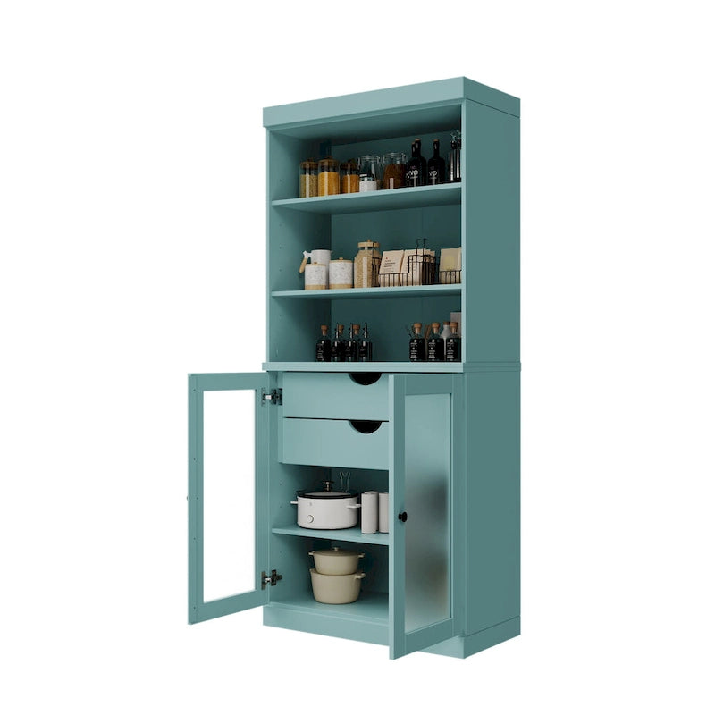 Garde-manger en bois massif avec portes en verre dépoli, 2 tiroirs et étagères réglables - 32 x 71.5