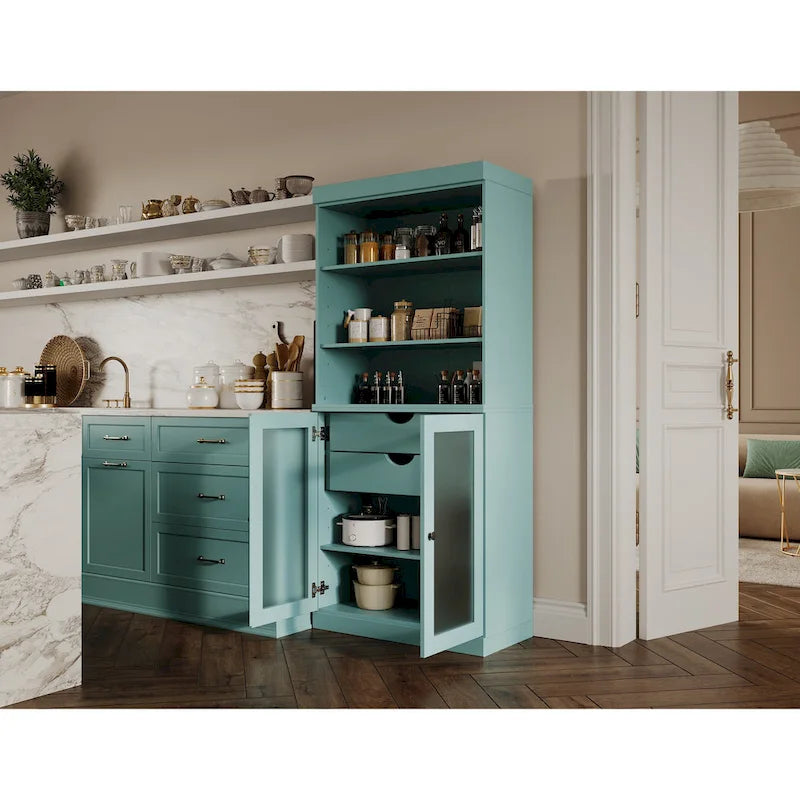 Garde-manger en bois massif avec portes en verre dépoli, 2 tiroirs et étagères réglables - 32 x 71.5